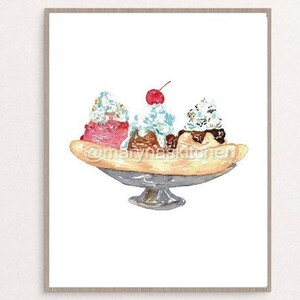 Bateau de banane split Ice Cream cone icecream boulangerie cuisine Decor Painting Wall Poster Watercolor Art Restaurant Decor Print Food Drawing Sweet