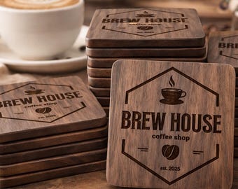 Your Custom Logo Coasters | Engraved Wood Coaster Set | Business Logo Gift | Bulk Order Coasters | Personalized Branding