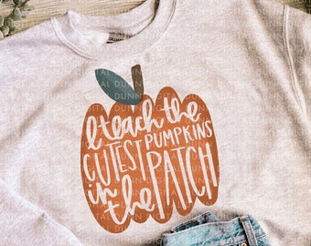 May include: A gray sweatshirt with a pumpkin-shaped graphic that says "I teach the cutest pumpkins in the patch".