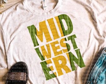 May include: A white t-shirt with a graphic design that says "Midwestern" in yellow and green letters. The letters are made up of corn stalks and corn cobs.
