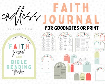 May include: A digital printable set of faith journal and bible reading tracker pages. The pages are designed in a rainbow color scheme with a light green, pink, and blue arch design. The text on the pages includes "Faith Journal", "Bible Reading Tracker", "Devotional Notes", "Prayer Prompt", "Scripture Thought", and "This Week's Verse".