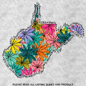 K&ouml;nnte beinhalten: Eine digitale Illustration des Bundesstaates West Virginia, die in Schwarz umrandet ist und ein Blumenmuster im Inneren aufweist. Die Blumen sind in den Farben Rosa, Orange, Gelb, Gr&uuml;n und Blau gehalten. Der Text "West Virginia" ist um den Umriss des Bundesstaates geschrieben.
