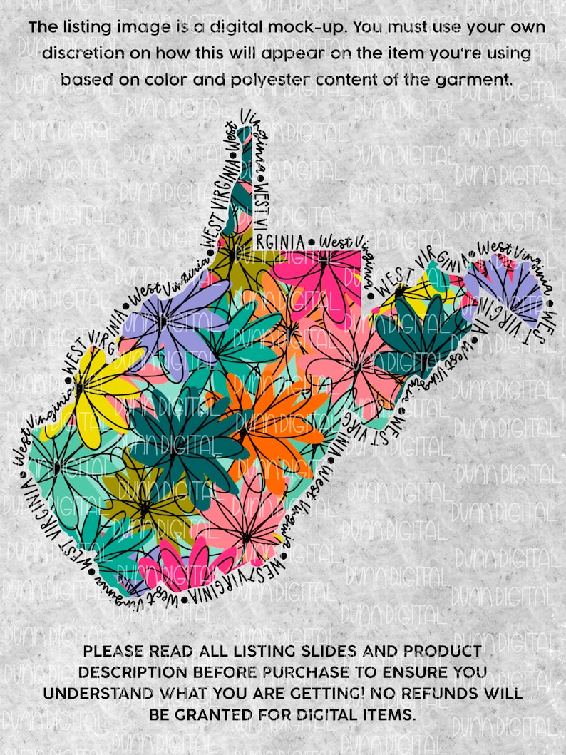 K&ouml;nnte beinhalten: Eine digitale Illustration des Bundesstaates West Virginia, die in Schwarz umrandet ist und ein Blumenmuster im Inneren aufweist. Die Blumen sind in den Farben Rosa, Orange, Gelb, Gr&uuml;n und Blau gehalten. Der Text "West Virginia" ist um den Umriss des Bundesstaates geschrieben.