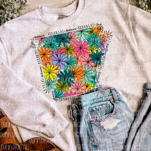 May include: A gray sweatshirt with a floral design of the state of Arkansas. The design is outlined in black and filled with colorful flowers. The words "Arkansas - Arkansas - Arkansas" are written around the outline of the state.