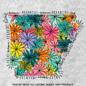 May include: A digital design featuring a floral pattern in shades of pink, yellow, blue, green, and orange. The floral pattern is shaped like the state of Arkansas. The text "Arkansas - home" is written along the left side of the design.