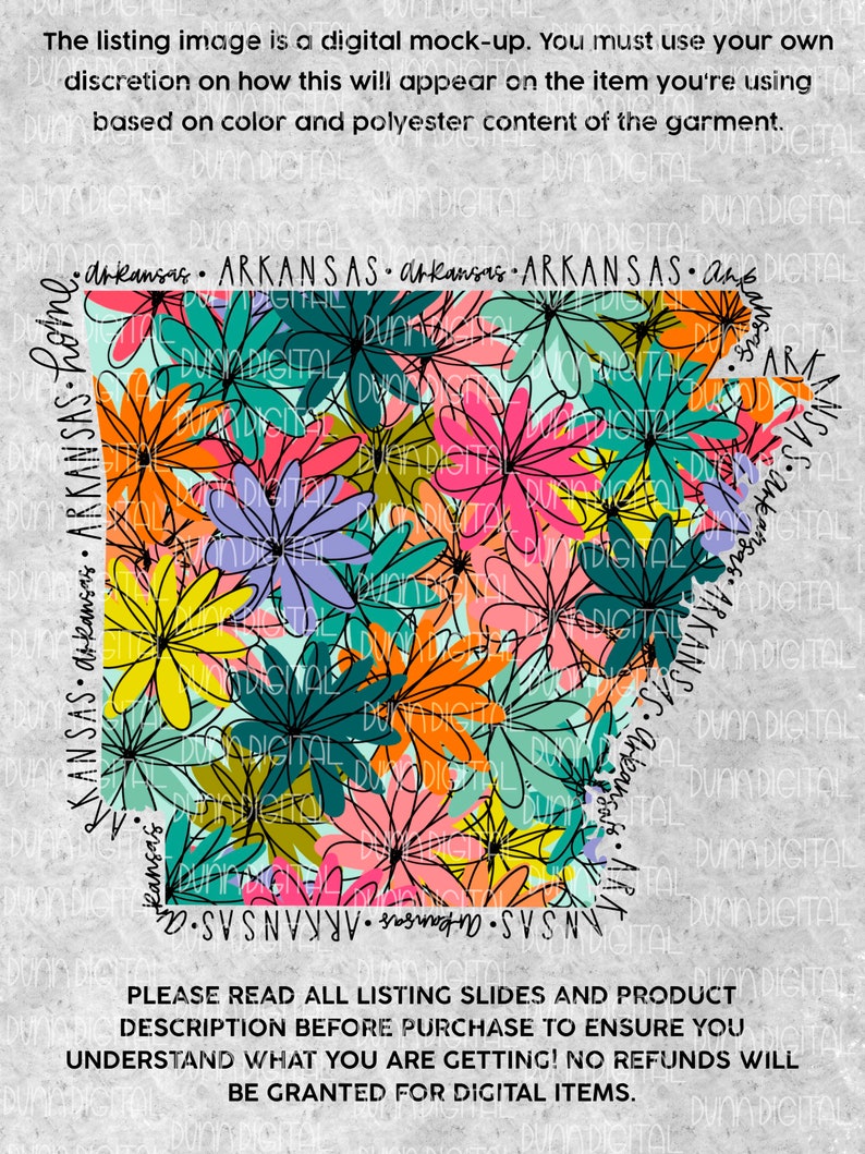 May include: A digital design featuring a floral pattern in shades of pink, yellow, blue, green, and orange. The floral pattern is shaped like the state of Arkansas. The text "Arkansas - home" is written along the left side of the design.