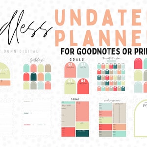 May include: Undated planner for Goodnotes or print with a colourful design featuring a weekly spread, daily to-do list, goals, and notes sections. The planner has a light pink, teal, and green colour scheme.