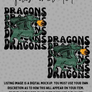 May include: Digital design files for a green dragon with flames coming out of its mouth. The dragon is surrounded by the word "DRAGONS" repeated in a retro font.