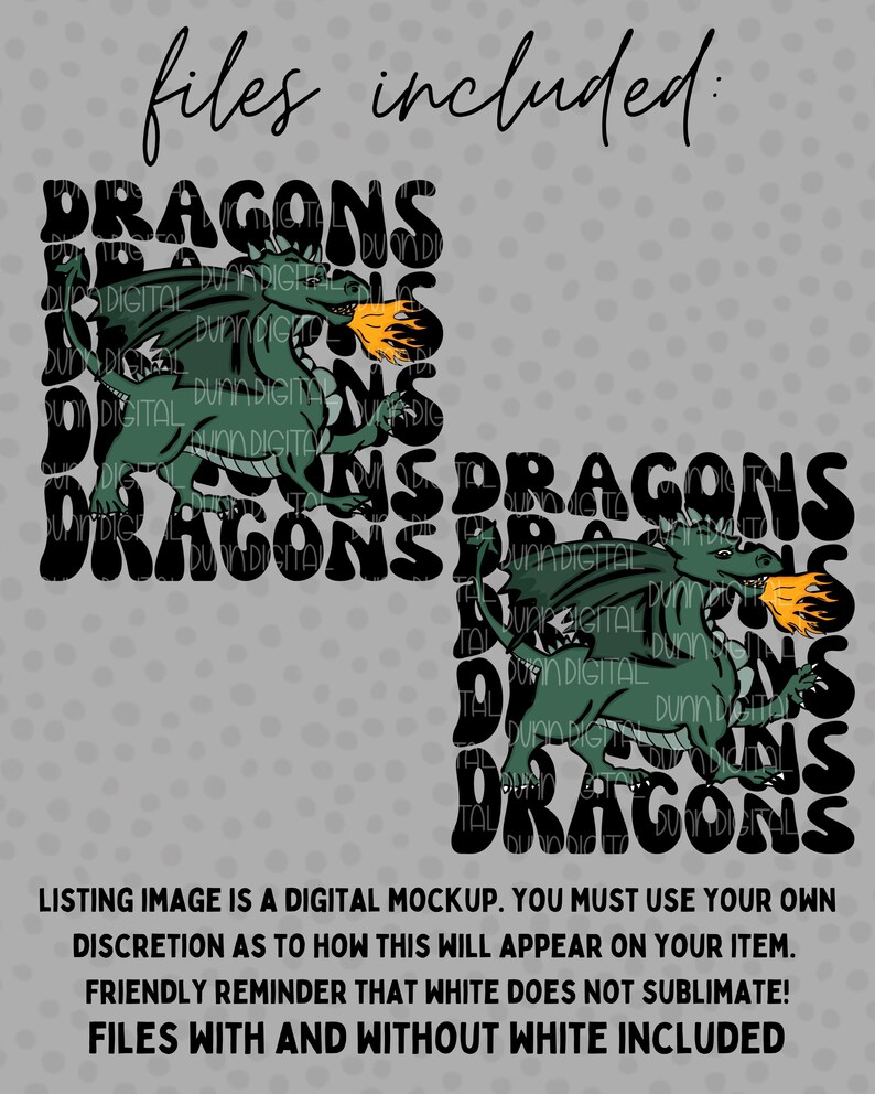 May include: Digital design files for a green dragon with flames coming out of its mouth. The dragon is surrounded by the word "DRAGONS" repeated in a retro font.