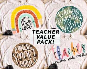 4 PACK Teacher Shirt PNG, Sublimation Design Download Pack, Teacher Shirt Design, Printable Teacher PNG, Sublimation Shirt Design