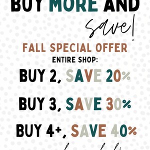 以下が含まれることがあります： 白地に茶色とターコイズブルーの文字で「DUNN DIGITAL BUY MORE AND save! FALL SPECIAL OFFER ENTIRE SHOP: BUY 2, SAVE 20% BUY 3, SAVE 30% BUY 4+, SAVE 40% no code needed!」と書かれています。