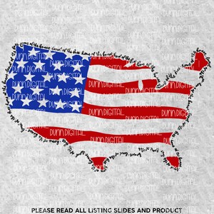 May include: A digital mock-up featuring the United States map filled with the American flag design. The outline of the map is filled with the phrase "home of the brave." The image includes text at the top and bottom, advising the buyer to read the listing.