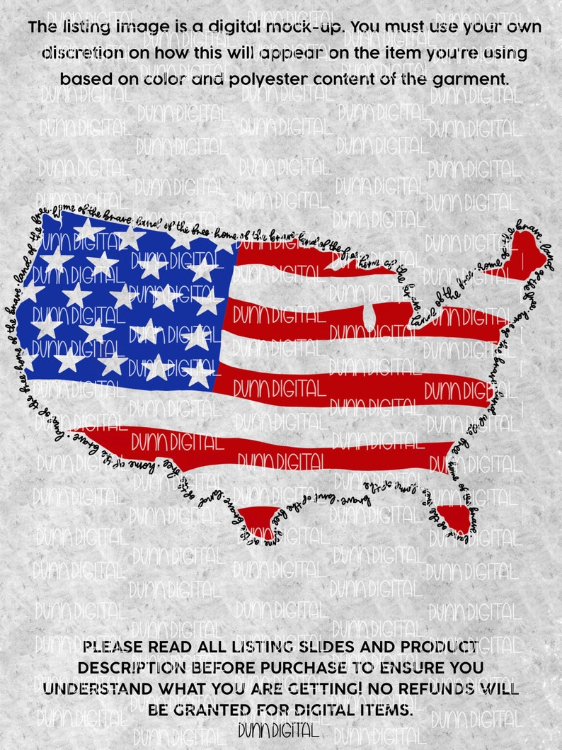 May include: A digital mock-up featuring the United States map filled with the American flag design. The outline of the map is filled with the phrase "home of the brave." The image includes text at the top and bottom, advising the buyer to read the listing.