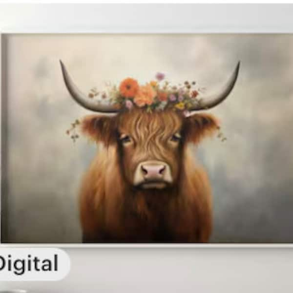 Instant Printable, Wall Decor to Send to the Printer! "Highland Floral Cow" | Multiple Sizes, PLUS Bonus Square Size | RedOakLane