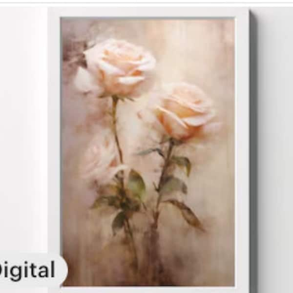 Instant Romantic Art Print | "Roses on Beige" | Oil Painting in Sepia Tone | Nostalgic | Multiple Sizes | RedOakLane