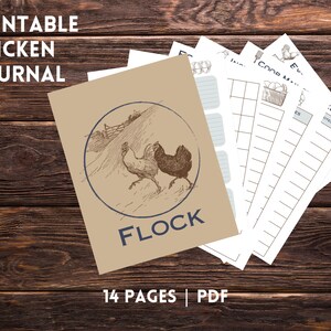 以下が含まれることがあります： 2羽の鶏の青と茶色のイラストと「FLOCK」の文字が特徴の、タン色の表紙が付いた印刷可能な鶏ジャーナル。 ジャーナルには14ページが含まれており、PDF形式です。 線が引かれたセクションのある追加のページが表示されます。