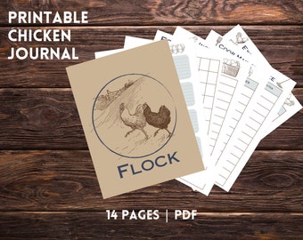Puede incluir: Un diario de pollos imprimible con una portada beige que presenta una ilustración azul y marrón de dos pollos y la palabra "FLOCK". El diario incluye 14 páginas y está en formato PDF. Se ven páginas adicionales con secciones rayadas.