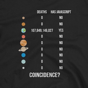 May include: Black t-shirt with a graphic featuring a planetary alignment and a table of data. The table lists "Deaths" and "Has Javascript" with the question "Coincidence?" at the bottom. The shirt is made of a soft material.