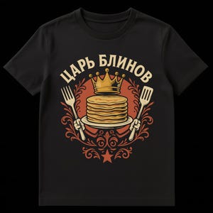 Pode incluir: Camiseta preta com um design circular com uma pilha de panquecas encimada por uma coroa. O texto "Царь Блинов" está acima das panquecas, com um garfo e uma espátula em cada lado. O design é em tons de laranja, marrom e dourado.