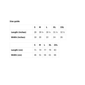 May include: A white graphic with size guide information for clothing. The guide includes measurements for length and width in inches, ranging from S to 2XL. Length measurements range from 28 inches to 32 1/2 inches.