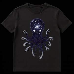 May include: Black t-shirt with a dark blue octopus design. The octopus has a galaxy-like head and skeletal hands. The design features multiple tentacles and white eyes. The image is centered on the shirt.