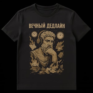 Puede incluir: Camiseta negra con un diseño dorado de un busto pensativo con auriculares, rodeado de relojes y papeles en llamas. El texto "VECHNYI DEDLAIN" está impreso encima.