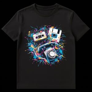 Könnte beinhalten: Schwarzes T-Shirt mit einer farbenfrohen Grafik eines Retro-Telefons, einer Audiokassette und einer Diskette. Das Design enthält den Text "AUDIO TAPE" auf der Kassette. Die Grafik hat einen Farbspritzer-Effekt mit blauen, rosa, gelben und türkisfarbenen Farben.