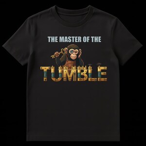 May include: Black t-shirt featuring a cartoon monkey with a monocle holding a key, above the word "TUMBLE" in a steampunk font. The text "THE MASTER OF THE" is above the monkey graphic. The design has gold and bronze accents.
