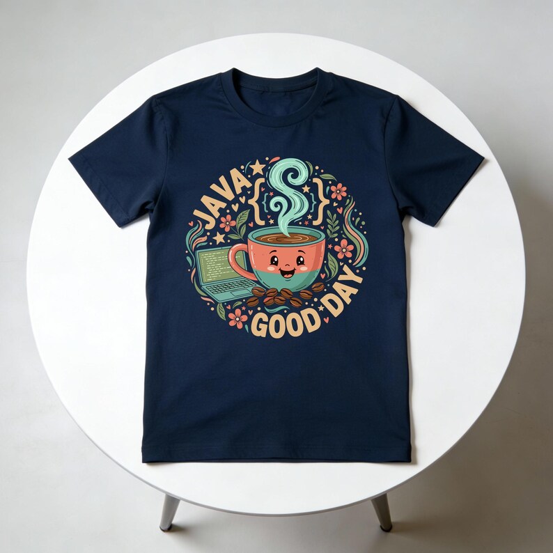 Peut inclure: T-shirt bleu marine avec un motif color&eacute; repr&eacute;sentant une tasse de caf&eacute; souriante, un ordinateur portable et le texte "JAVA GOOD DAY". Le design inclut des &eacute;l&eacute;ments floraux et &eacute;toil&eacute;s, cr&eacute;ant une esth&eacute;tique joyeuse et technologique.