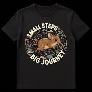 Pode incluir: T-shirt preto com uma ilustração de um animal de desenho animado castanho e o texto "SMALL STEPS BIG JOURNEY" num design circular. O design inclui flores e estrelas.