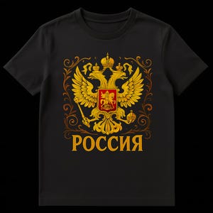 May include: Black t-shirt featuring a gold double-headed eagle emblem with a red shield at the center. The word "РОССИЯ" is printed in gold below the emblem. The design includes ornate gold flourishes.