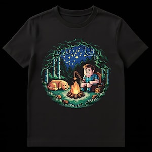May include: Black t-shirt with a pixel art design of a campfire scene. A person and a dog are depicted by a fire under a starry sky. The design has a camping theme, ideal for those who enjoy the outdoors.