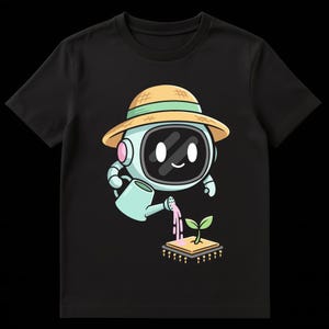 Op de afbeelding: Zwart T-shirt met een cartoonrobot met een strohoed en die een plant water geeft. De robot heeft een schermgezicht en houdt een lichtblauwe gieter vast. De plant groeit uit een printplaat.