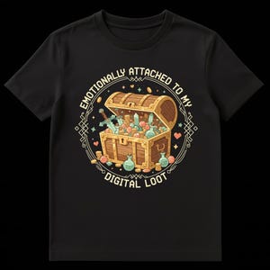 Può includere: T-shirt nera con un'illustrazione a cartoni animati di un forziere traboccante di monete, pozioni e una spada. Il testo "Emotionally Attached to My Digital Loot" è in un design circolare attorno al forziere.