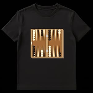 Op de afbeelding: Zwart T-shirt met een afbeelding van een backgammonbord. Het bord is bruin met witte en zwarte schijven. Het T-shirt heeft een ronde hals en is geschikt voor dagelijks gebruik.