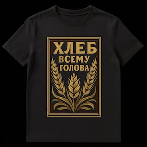 May include: Black t-shirt featuring a rectangular design with the Russian text "ХЛЕБ ВСЕМУ ГОЛОВА" in gold lettering. The design includes wheat stalks in gold and brown tones, creating a rustic and vintage aesthetic.