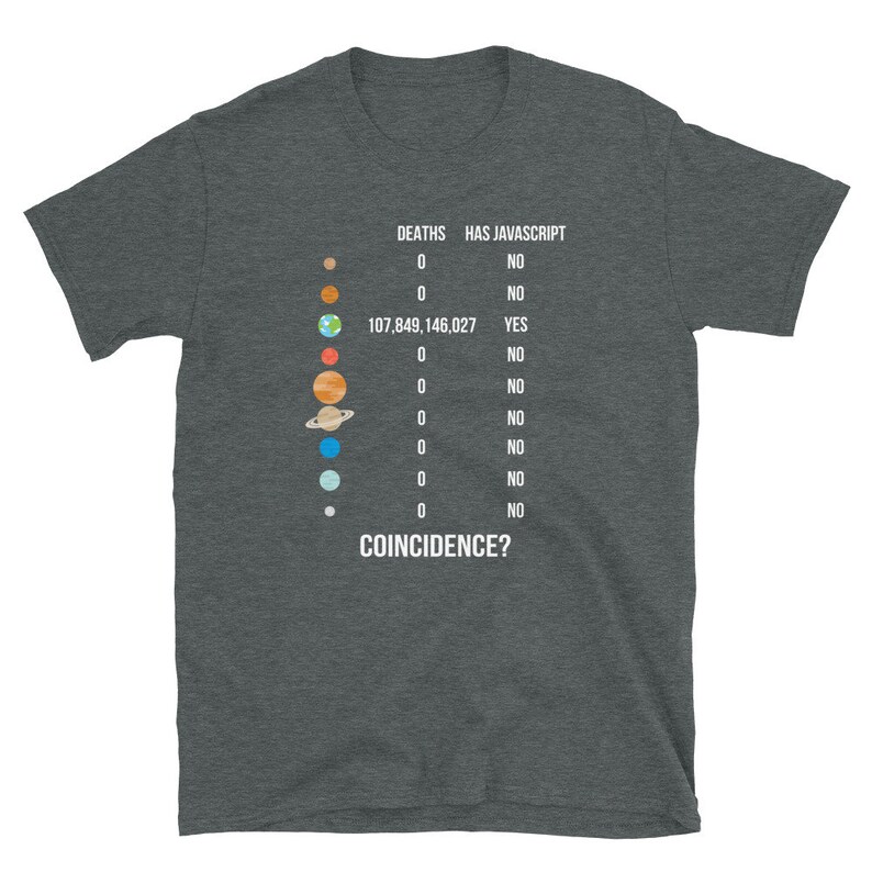 May include: Dark gray t-shirt with a graphic featuring planets and a chart. The chart lists "Deaths" and "Has Javascript" with the question "Coincidence?" at the bottom. The shirt is made of a soft material.