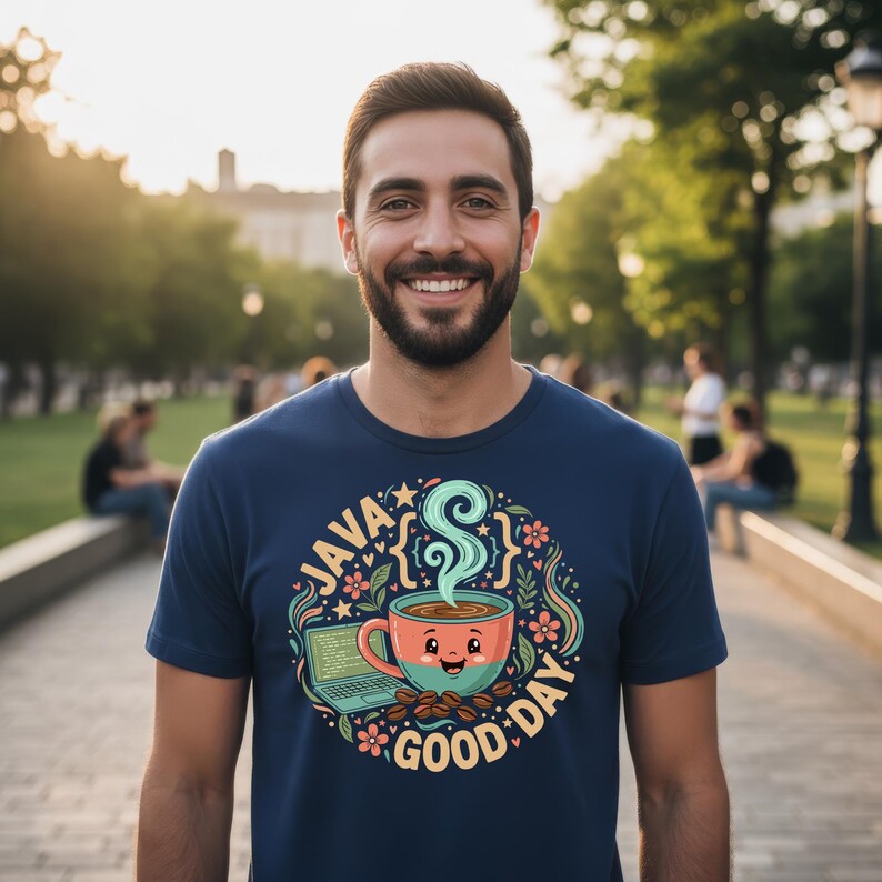 Peut inclure: Un t-shirt bleu marine avec un graphisme color&eacute; repr&eacute;sentant une tasse de caf&eacute;, un ordinateur portable et les mots "JAVA GOOD DAY". Le motif comprend des &eacute;l&eacute;ments floraux et des &eacute;toiles, avec de la vapeur s'&eacute;levant de la tasse &agrave; caf&eacute;.