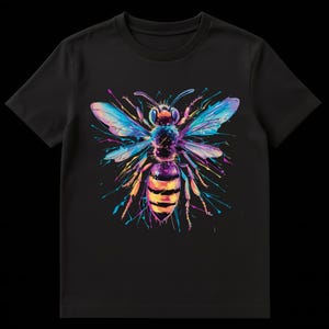May include: Black t-shirt featuring a colorful, artistic depiction of a bee. The bee is rendered with vibrant hues of blue, purple, yellow, and orange, with paint-like splashes radiating outwards. The design is centered on the shirt.