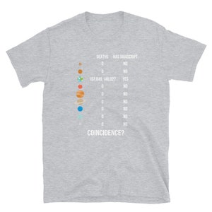 May include: A light gray t-shirt with a graphic featuring planets and a table with the text "DEATHS HAS JAVASCRIPT" and "COINCIDENCE?". The table lists numbers and "YES" or "NO" answers.
