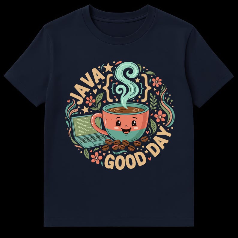 Peut inclure: T-shirt bleu marine avec un graphisme color&eacute; repr&eacute;sentant une tasse de caf&eacute; souriante, un ordinateur portable et des grains de caf&eacute;. Le motif comprend les mots "JAVA GOOD DAY" dans une police ludique, entour&eacute;s d'&eacute;l&eacute;ments floraux et d'&eacute;toiles.