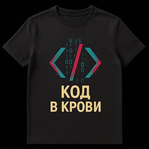May include: Black t-shirt with a graphic design featuring code symbols and the text "CODE IN BLOOD" in yellow. The design includes binary code and a stylized code symbol in teal, red, and pink.