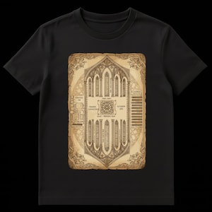 May include: Black t-shirt featuring a detailed, sepia-toned graphic resembling an architectural blueprint or map. The design includes intricate drawings of arches, columns, and text, creating a vintage aesthetic. The shirt is made of a soft, dark fabric.