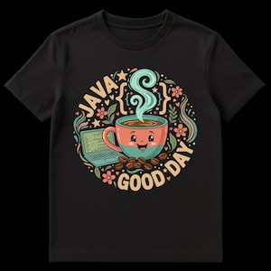 May include: Black t-shirt featuring a colorful graphic. The design includes a coffee cup with steam, a laptop, and the words "JAVA GOOD DAY." The graphic is surrounded by floral and star elements.