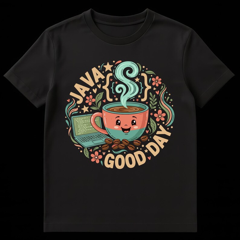 Peut inclure: T-shirt noir avec un motif color&eacute;. Le motif repr&eacute;sente une tasse de caf&eacute; fumante, un ordinateur portable et l'inscription "JAVA GOOD DAY". Le design est orn&eacute; de fleurs et d'&eacute;toiles.