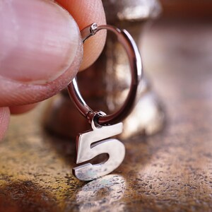 Number 5 Charm Hoop Earrings: Stainless Steel Huggie Hoops