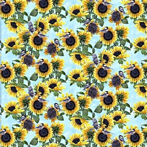 Sunflower Fabric, 100% Cotton, Birds Floral Print, Quilt Sewing Craft Fabric, Spring Summer Nature Material by Fat Quarter/Half Metre/Metre