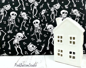 Halloween Fabric, Skeleton Fabric, Spooky Fabric, 145 cm Width Fabric, Dancing Skeletons Print Cotton Poplin by Fat Quarter/Half Metre/Metre
