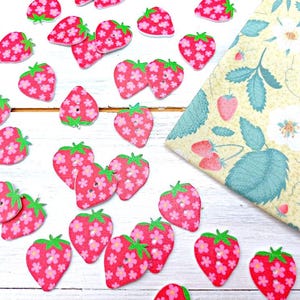 Floral Strawberry Buttons, Wooden Buttons, Fruit Buttons, Sewing Crochet Knitting Craft Buttons, Kids Buttons, Two Holes Buttons, Set of 6