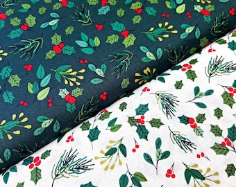 Holly Berry Christmas Fabric, 100% Cotton, Quilting Sewing Craft Fabric, 135 cm Wide Floral Festive Material by Fat Quarter/Half Metre/Metre